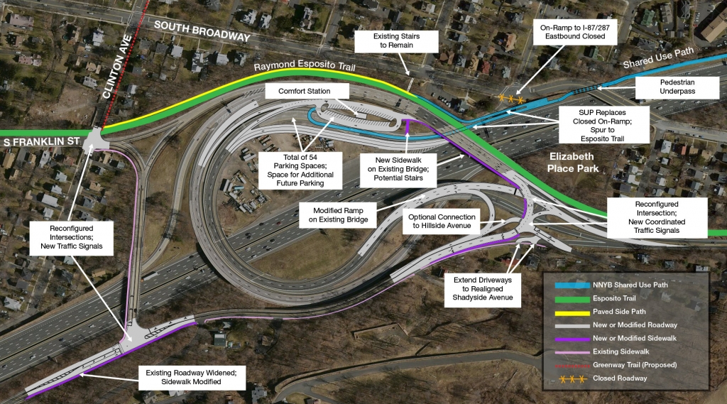 Concept F: Parking in Interchange 10; Connection to Shared-Use Path via Underpass under S. Broadway Bridge and Closed On-Ramp to I-87/I-287 Eastbound; Connection to Esposito Trail via ramp