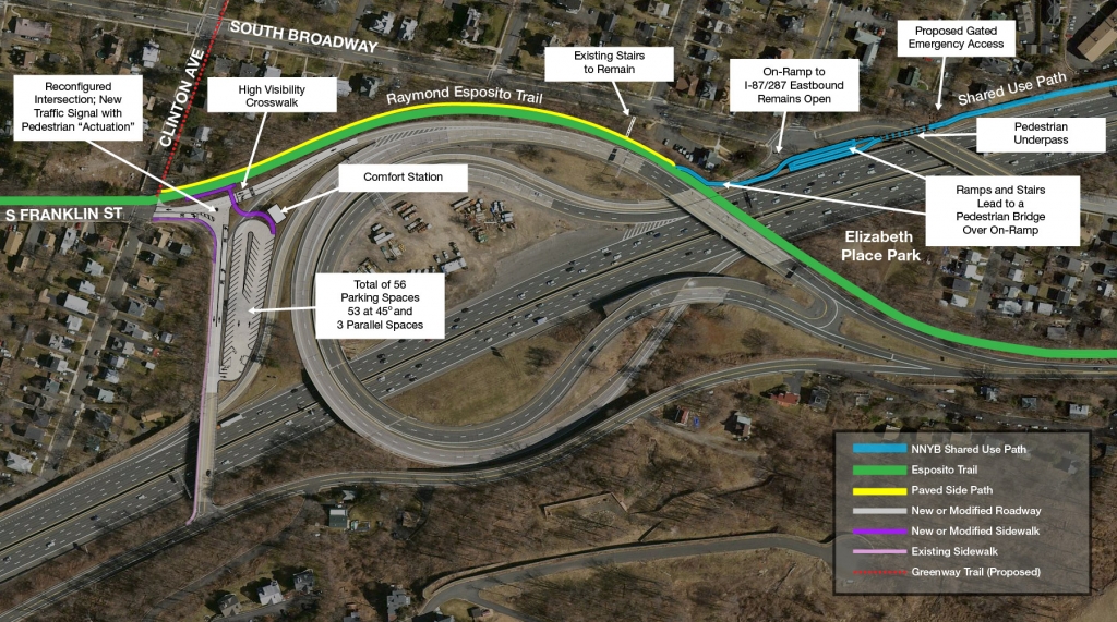 Concept E: Parking at Interchange 10; Connection to Shared-Use Path via Underpass under S. Broadway Bridge and Pedestrian Bridge over On-Ramp to I-87/I-287 Eastbound; On-ramp remains open