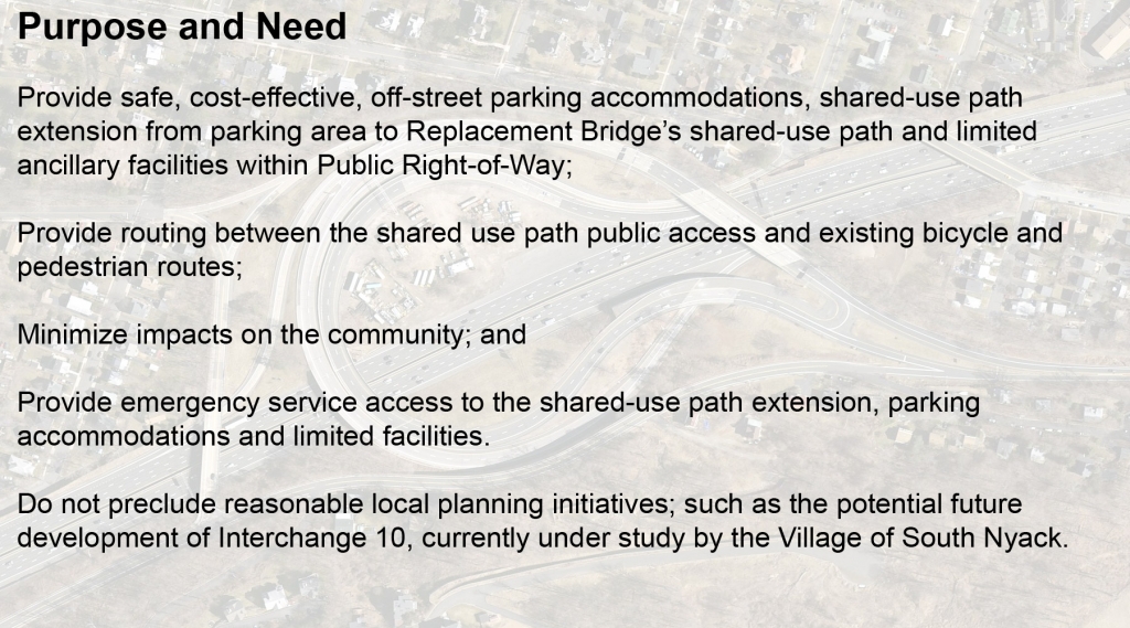 Purpose and Need:  Developed by the project team with input from the Village of South Nyack Tappan Zee Task Force